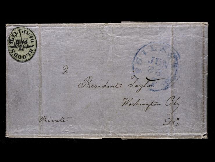 D.O. Blood & Co., 15L11, 2c Black on Pale Green, Cut to Shape, Tied by Grid Cancel (Clarke 74) on 1849 Folded Letter to Washington, D.C.