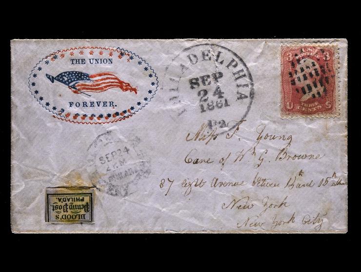 D.O. Blood & Co., 15L14, 1c Bronze on Lilac, with #65 3c Red on "THE UNION FOREVER" Patriotic Flag Cover