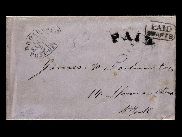 Broadway City Express Post, 2c Black Oval Company Handstamp and and "PAID" Arc with Boxed Swarts Delivery on Stampless Cover