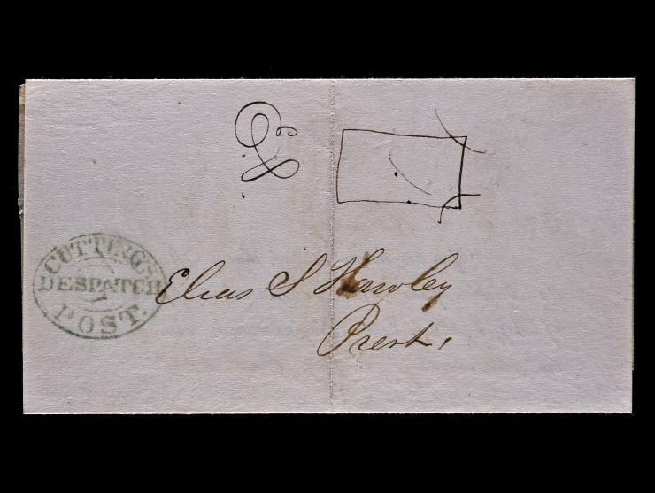 Cutting's Despatch Post, Blue Green Oval Company Handstamp and Manuscript "2" on 1847 Folded Firemen's Benevolent Association Meeting Notice