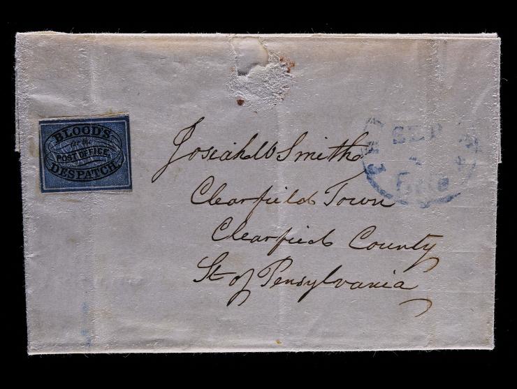 Blood's City Despatch, Black & Blue, 15L10, Tied by File Folds on 1848 Folded Letter