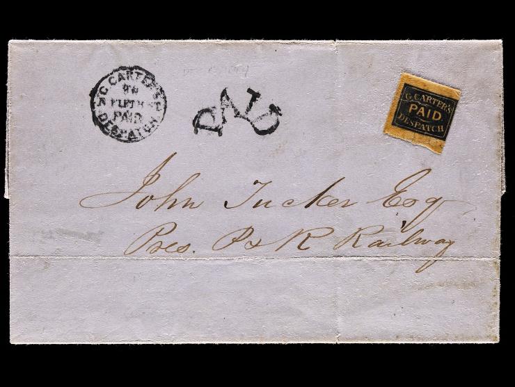 G. Carter's Despatch, 1849, 2c Black, 36L1, with Light Maroon Wash on Prepaid Letter Delivered Locally with Arched Black Company "PAID" Handstamp