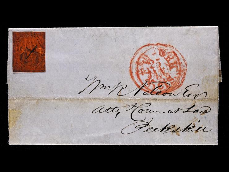 (Cole's) City Despatch Post, 40L6, 2c Black on Vermilion, "CC" at Sides, Position 11 on 1849 Folded Letter