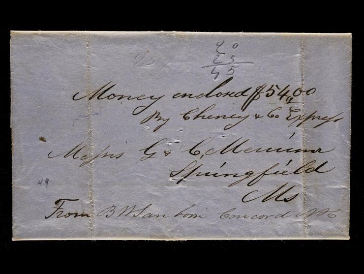Cheney & Co's Express, Manuscript Directive on 1849 Stampless Folded Letter Indicating "Money Enclosed"