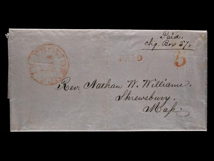 Ross' Express, Manuscript Endorsement on Stampless Folded Letter, Providence to Shrewsbury, Carried in the Mails