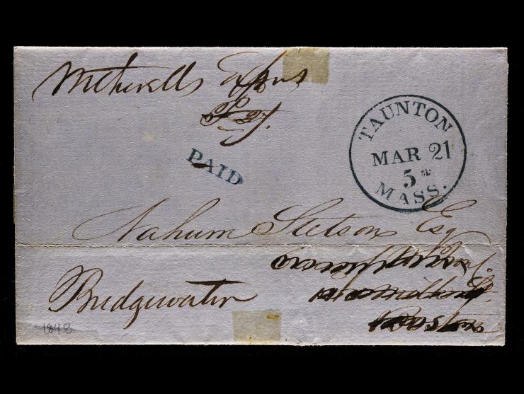 Witherell’s Express, 1848 Stampless Folded Letter from Taunton to Bridgewater, Massachusetts