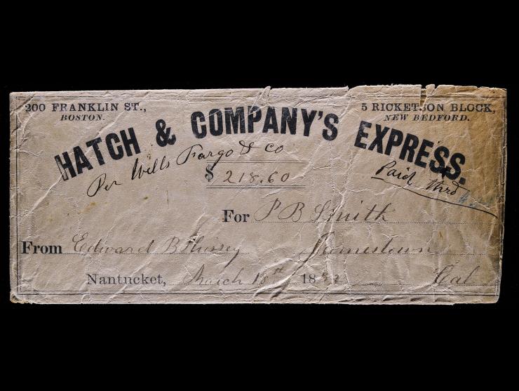 Hatch & Company's Express, 1852 Nantucket Receipt "Per Wells Fargo" and Stampless Cover