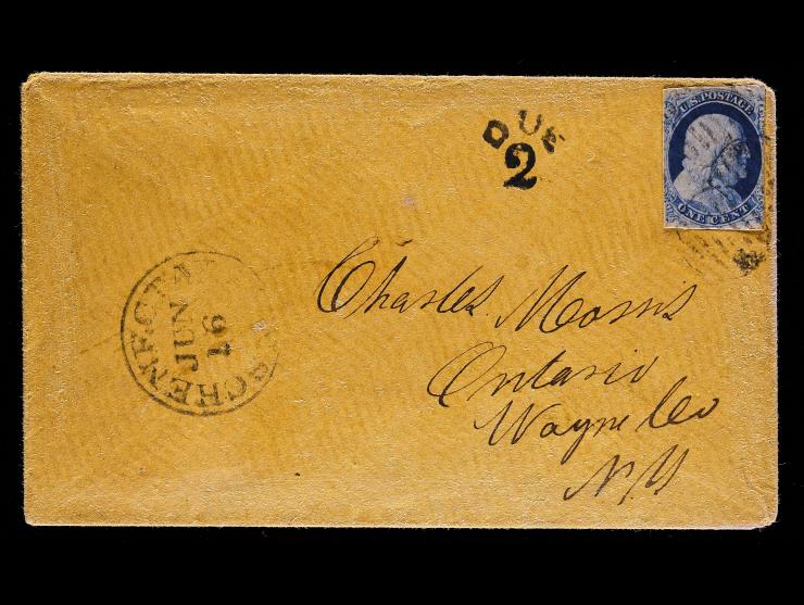 $7, 1c Blue, Tied by Grid Cancels on Cover to Ontario, N.Y., Underpaid with “DUE 2” Handstamp