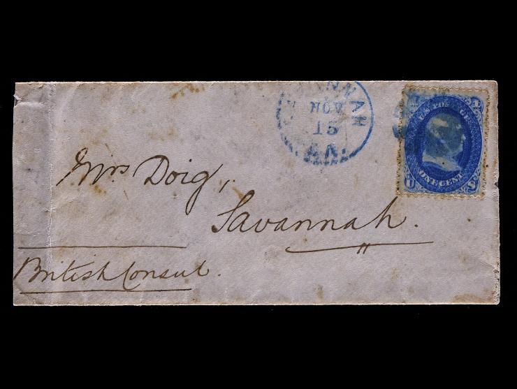 #63, 1c Blue, Tied by Blue Savannah, Ga. Cancel on Drop Letter to the British Consulate in Savannah