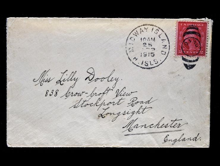 #406 1912 2c Carmine, from Midway Island to Manchester, England