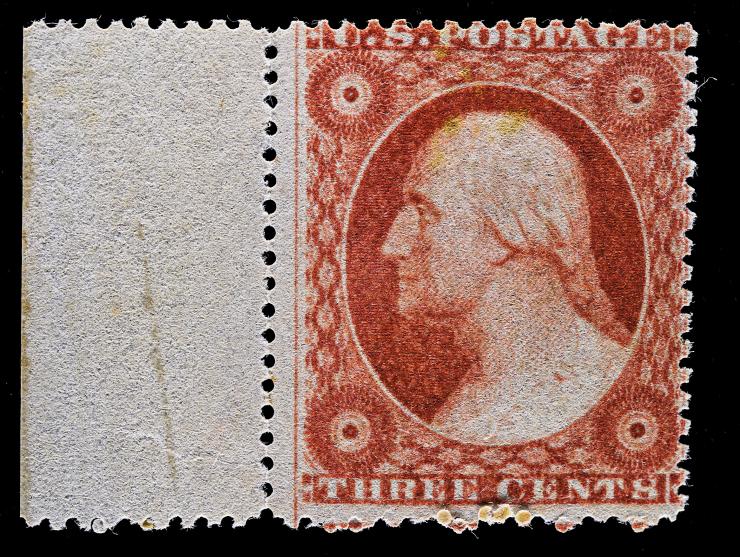 #26 1857 3c Dull Red, Unused, Left Margin Single