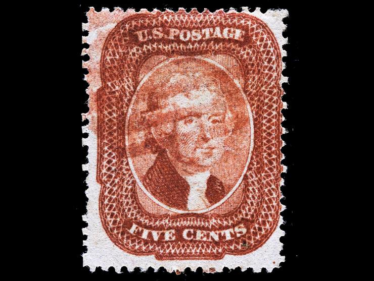 #27 1858 5c Brick Red, Used with Red Grid Cancel