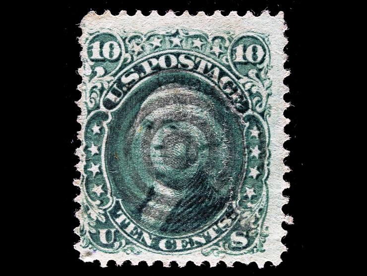 #96 1868 10c Yellow green, "F" Grill, Used with Target Cancel