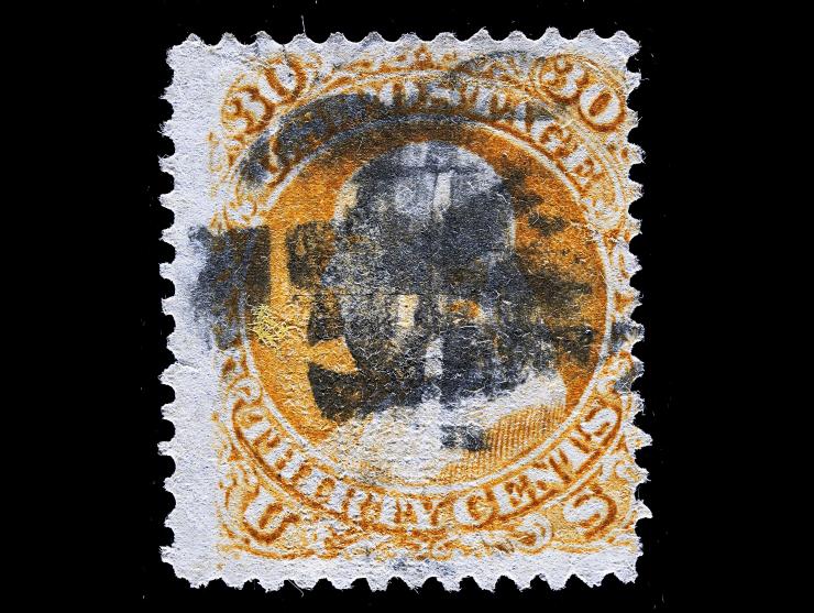 #100 1868 30c Orange, "F" Grill, Used with Cork Cancel