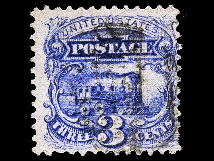 #114 1869 3c Ultramarine, with Light Grill, Used with Cork Cancel