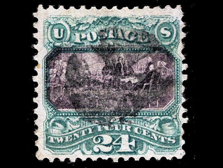 #120 1869 24c Green and Violet, Used with Cork Cancel