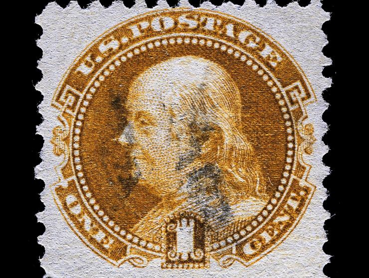 #112 1869 1c Buff, with a Faint Grill, Re-issue, Used with Cork Cancel
