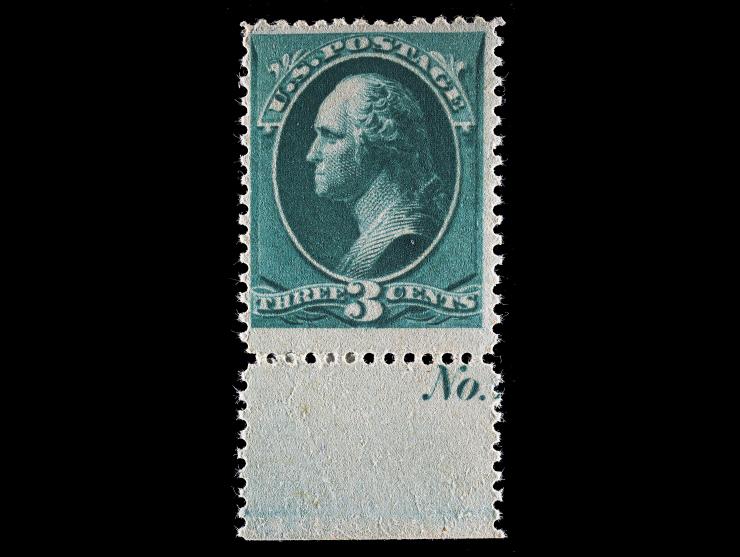 #207 1881 3c Blue Green, Unused, OG, Bottom Margin Single, Part Plate Number Imprint