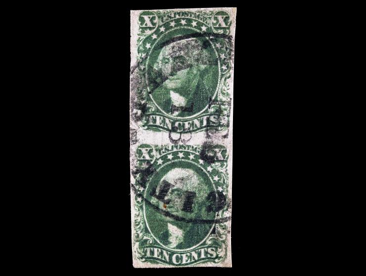 #14 and #15 1855 10c Green, Vertical Pair, Used with Town Cancel