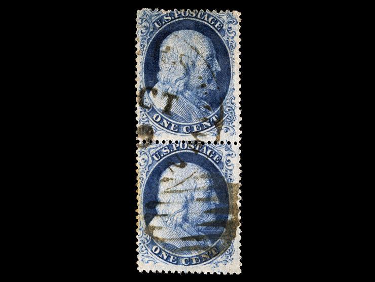 #21 and #22 1857 1c Blue, Vertical Pair, Plate 4, Used
