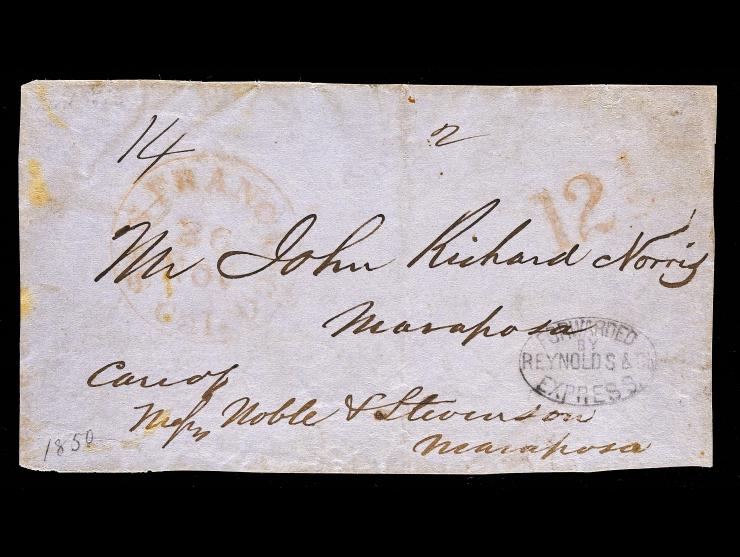 Reynolds & Co. Express, Black Forwarding Oval Handstamp (REY-100) on Stampless Front to Mariposa, Orange 12 1/2 Rate Mark