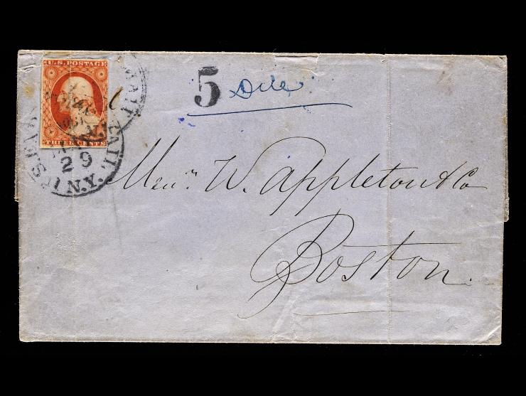 #11 3c Dull Red, tied by US Express Mail N.Y. 1852 Datestamp on Cover to Boston