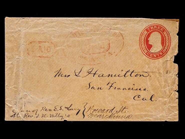 Pacific Express Co., Shasta Red Handstamp (PAC‐103a) on 3c Red Nesbit with Matching Framed "PAID" on Cover