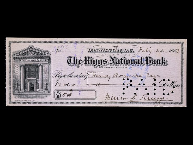 The Riggs National Bank, 1903 Check, Signed by Civil War Confederate William Lindsay Scruggs