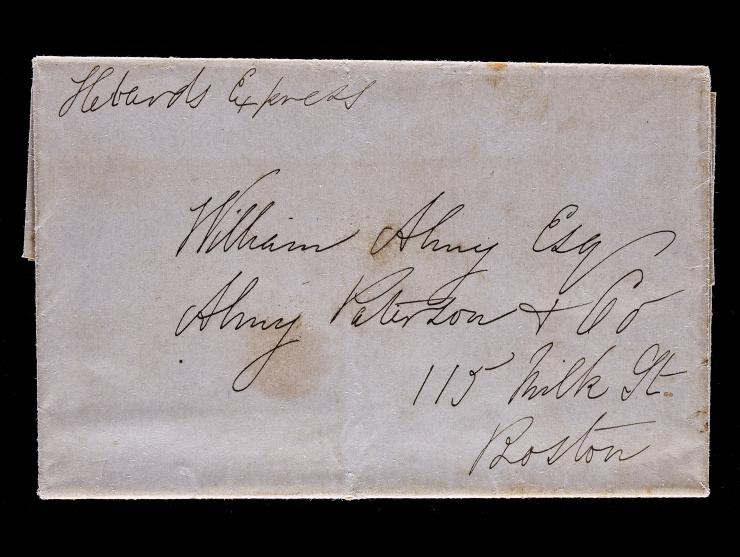 Hebard’s Express, Manuscript Endorsement, on 1852 Stampless Folded Letter, Milton Hill, Mass to Boston