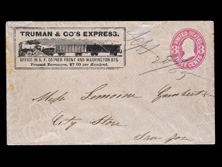 Truman & Co.’s Express, Printed Frank (TRE-001a, Haller FT13 Type 1) on U59 3c Pink on Buff, to San Jose