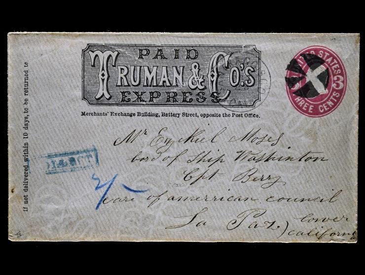 Truman & Co.’s Express, Printed Frank (TRE-003, Haller FT13 Type 2a) on U58 3c Pink on White Entire, San Francisco to La Paz, Mexico