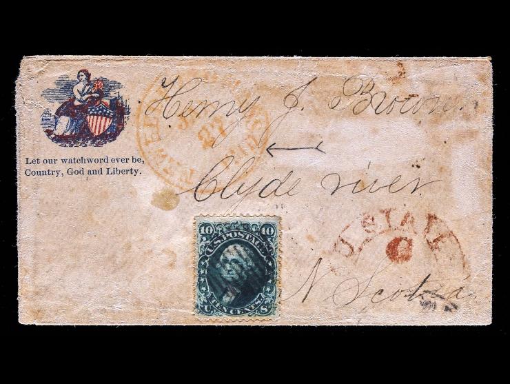 #68, 10c Green Tied by Grid on 1862 “Let Our Watchword Ever Be” Patriotic Cover to Nova Scotia
