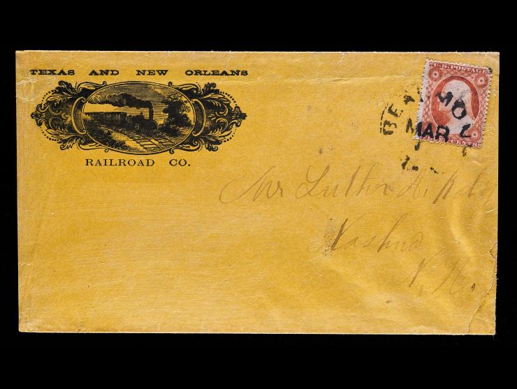 Texas and New Orleans Railroad Co., Illustrated Corner Card with #26 3c Dull Red Tied