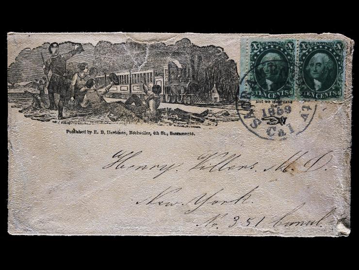 #33 10c Green, Horizontal Pair, Tied by Sacramento City 1859 Datestamp, on Illustrated Railroad (Design Type D-1 ) Propaganda Cover
