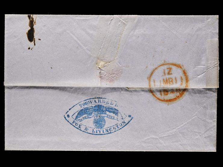 Forwarded by Fox & Livingston, Folded Letter to London with Blue "Eye" Handstamp, 1848