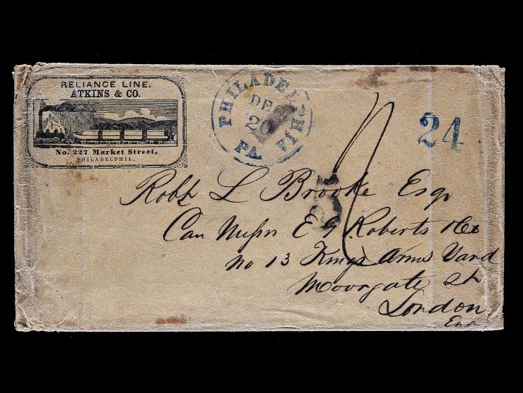 Reliance Line, Atkins & Co., 1852 Illustrated Railroad Cornercard, Carried via Niagara from Boston to London