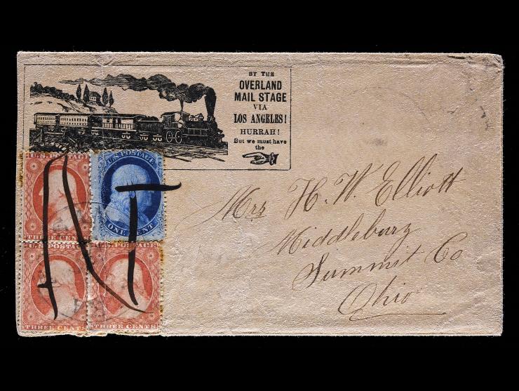 By the Overland Mail Stage via Los Angeles! Illustrated Cover, Used with Single #24 1c Blue and Pair and Single #26 3c Red