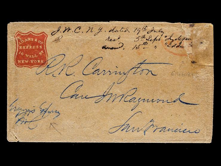 Adams Express Wall Street Frank Entire to San Francisco with "Gregory Express" Manuscript and Matching Postmark