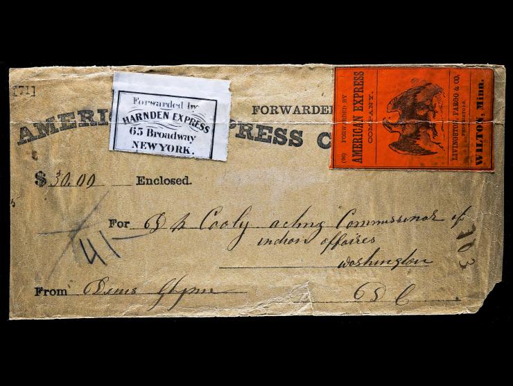 American Express Co., Black on Red Orange (Mosher ALFX-L15 Black/Orange) and Harnden Express, Black on Blue, Addressed to the Acting Commissioner of Indian Affairs