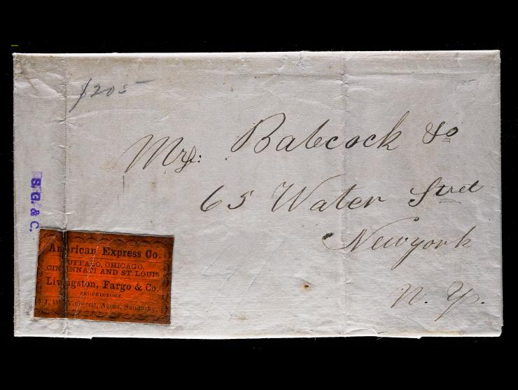 American Express Co., Illustrated Black on Red Orange Label (Mosher AWBX-L31) on 1851 Folded Letter
