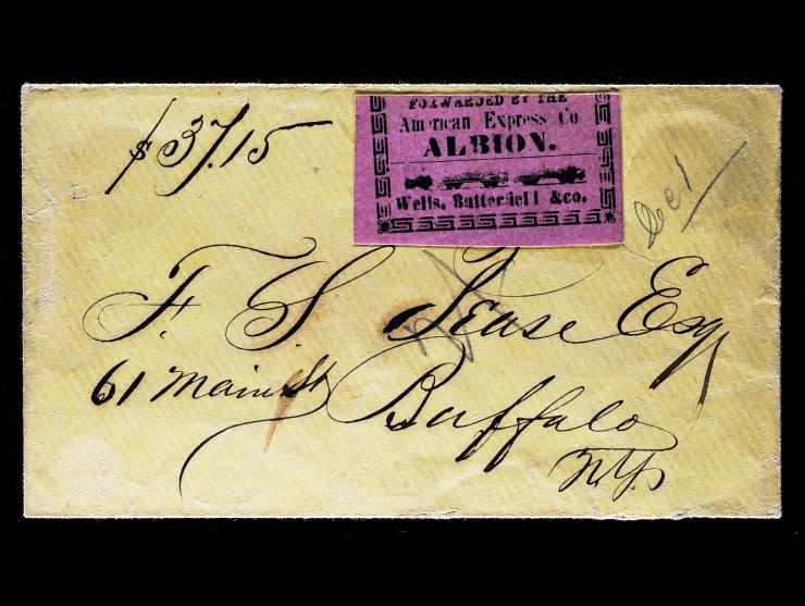American Express, Black on Pink (Mosher AWBX-L15b) Illustrated Forwarding Label on Cover to Buffalo, "DUE 1"