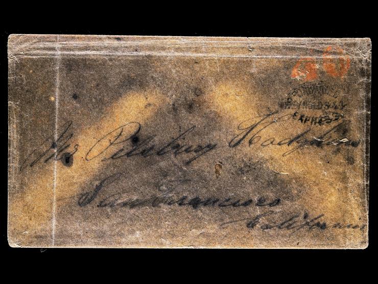 Reynolds & Co.’s Express, Black Oval Company Handstamp on Stampless Cover to San Francisco, Red Transcontinental "40" Handstamp