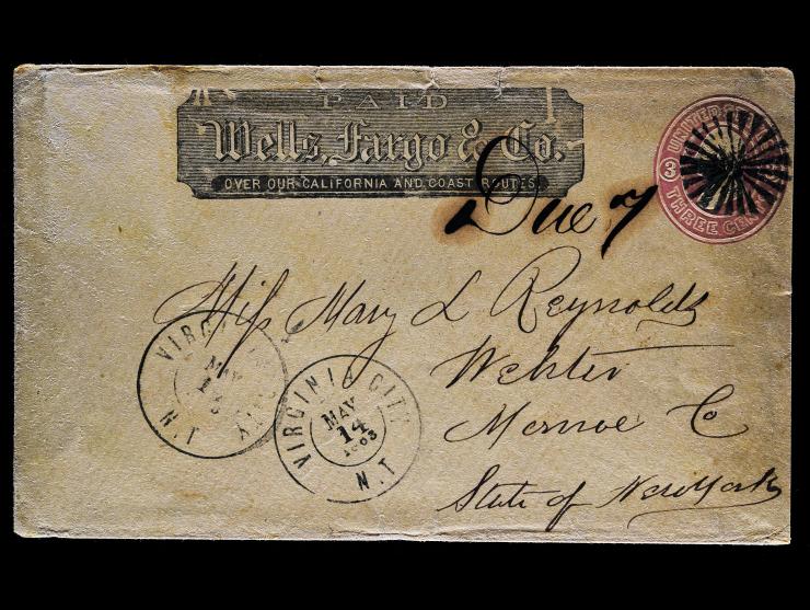 Wells, Fargo & Co., Printed Frank on U35 3c Pink on Buff Entire with Pinwheel Cancel and Manuscript "DUE 7"
