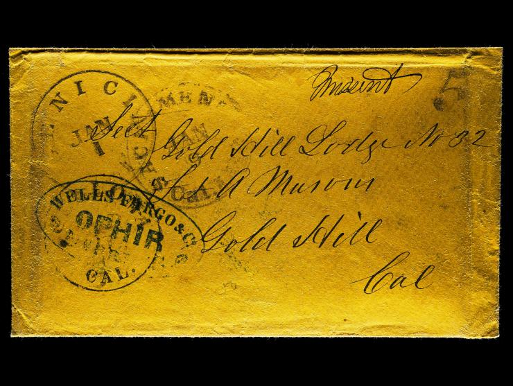 Wells, Fargo & Co., Blue Oval "OPHIR" Datestamp to Gold Hill, Missent to Sacramento