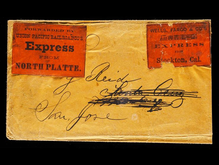 Wells, Fargo Express, Black on Orange Label (WFCX-L532) and Black on Red Union Pacific Railroad Co.'s Express Forwarding Label (UPRX-L2) on Cover