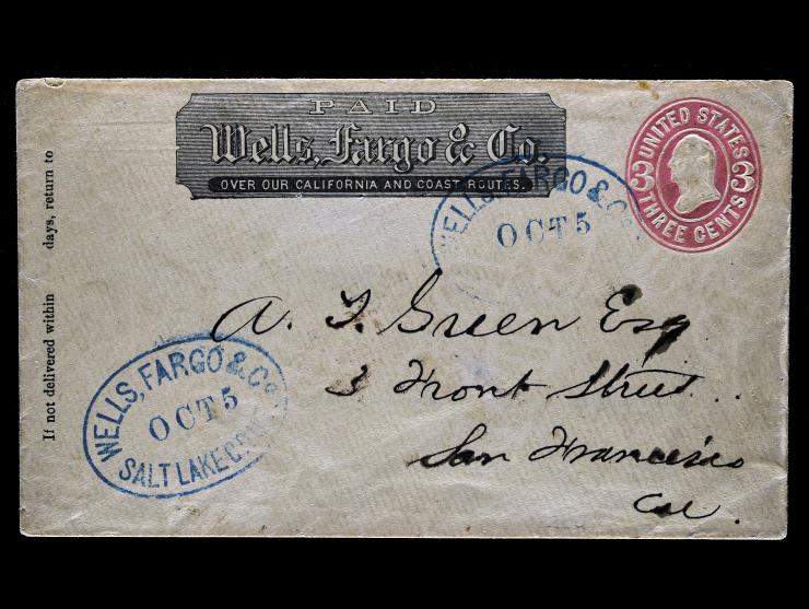 Wells, Fargo & Co., Printed Frank on U59, 3c Pink on Buff Entire from Salt Lake City, Utah Territory