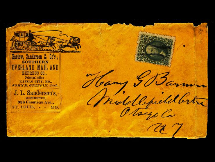Barlow, Sanderson & Co's Southern Overland Mail and Express Co, Illustrated "Four Horse Drawn Stage Coach" (Type L) Cover with #68 10c Green to New York