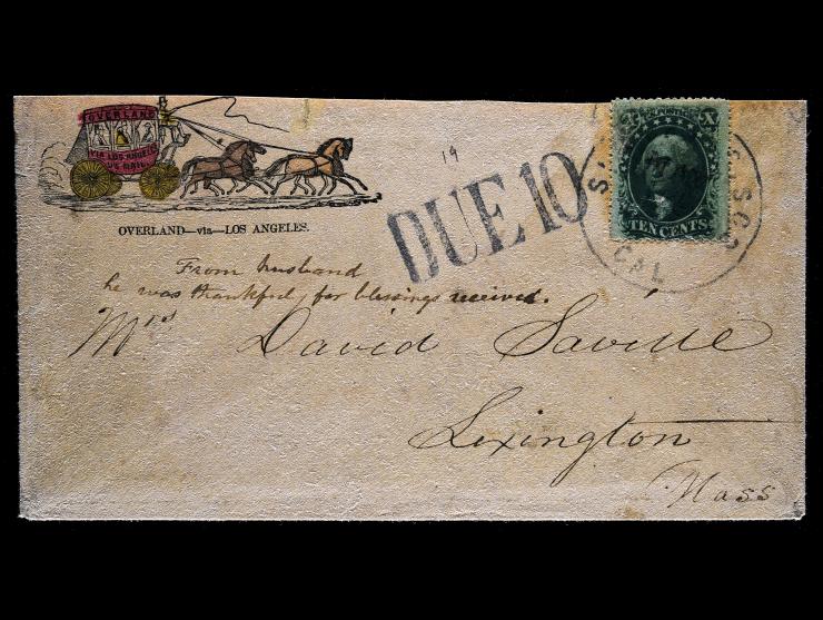 Overland Mail, Hand-Colored Four-Horse Stage Coach Illustrated Cover, Design Type E-1, #35 10c Green Tied, "DUE 10" Straightline