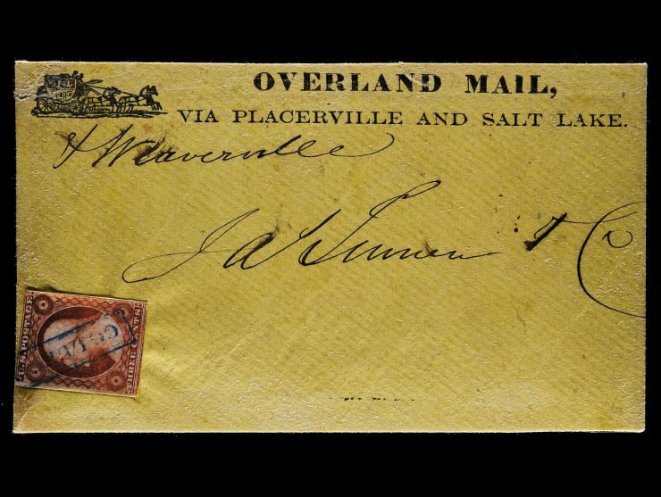 Overland Mail, Via Placerville and Salt Lake, Small Stage Coach Illustration, Design Type K-2, on Cover with #11 3c Red with Blue Framed "COLLECT"