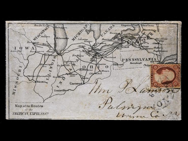 Map of the Routes of the American Express Co., All-Over Design with #11A 3c Dull Red Type II, Depicting States from Missouri to New York